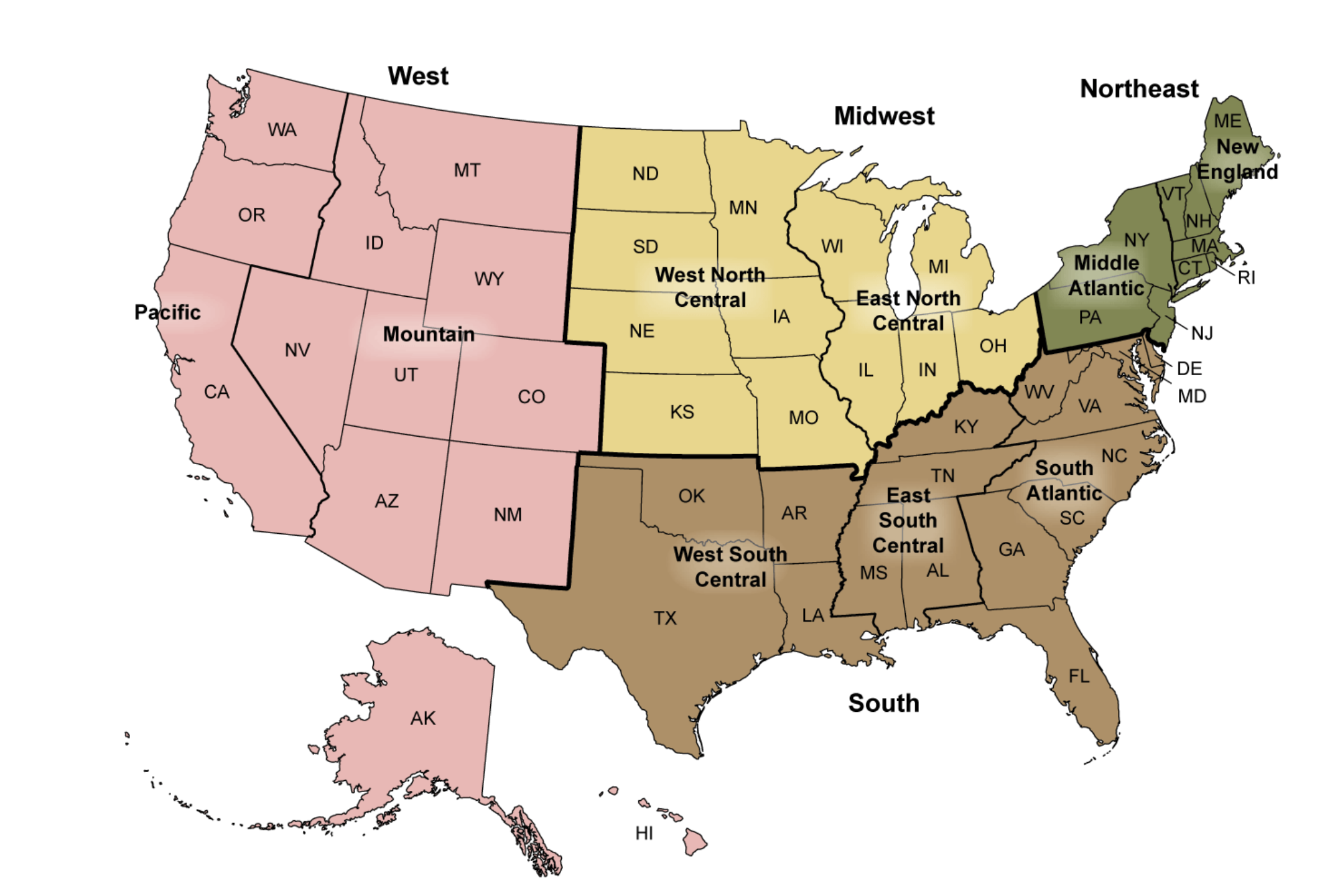United States map divided into West, Midwest, South, and Northeast zones with state outlines.